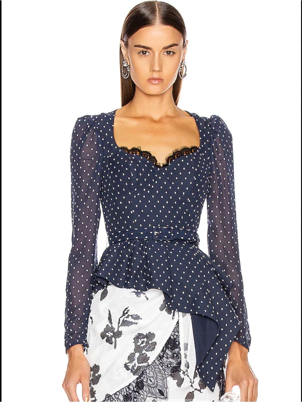 SELF-PORTRAIT plumetis Polka dot Long sleeve Peplum Top Blue Asymmetrical SZ 6
